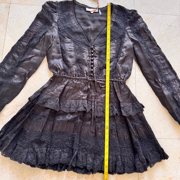LoveShackFancy Kal Black Satin and Lace Ruffle Mini Dress size S - Picture 7 of 11